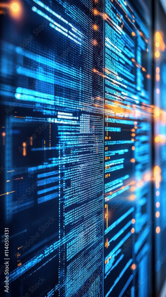 Poster dynamic blue data streams flowing on a digital screen with light reflections creating an abstract ba