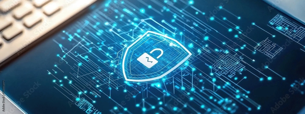 Poster digital network security shield with lock symbol and glowing blue circuitry on a computer screen, re
