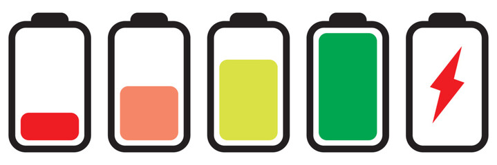 Battery icons. Phone charge level. Discharged and fully charged battery. Battery charge from high to low. Vector illustration for graphics design.