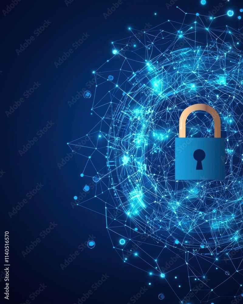 Poster digital concept of cybersecurity with a lock symbol surrounded by a network of connected points and 