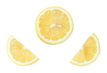 Top view set of fresh yellow lemon fruit in halves and slices or quarter scattering isolated with clipping path in png file format