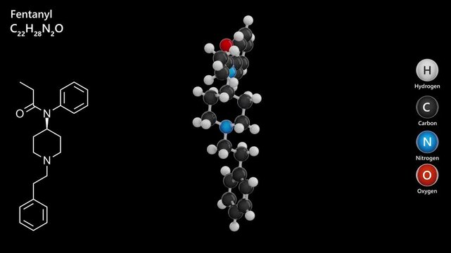 Fentanyl. Drug. Opioid analgesic. Animated 3D model of a molecule. Molecular formula: C22H28N2O. Chemical model: Ball and sticks. Black background. 3D rendering. Seamless loop.
