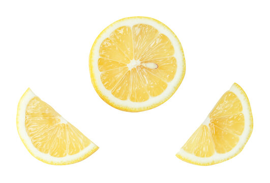 Top view set of fresh yellow lemon fruit in halves and slices or quarter scattering isolated with clipping path in png file format