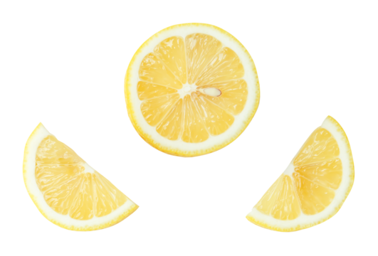 Top view set of fresh yellow lemon fruit in halves and slices or quarter scattering isolated with clipping path in png file format