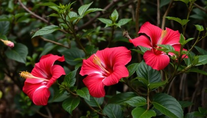 Vibrant red hibiscus flowers bloom amidst lush green leaves.