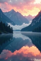 Serene lake at dawn with misty mountains surrounding it, mist, peaceful, dawn