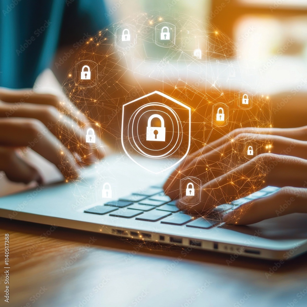 Poster secure digital connection with lock icon and hands on laptop keyboard symbolizing cybersecurity and 
