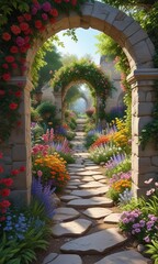 Fototapeta premium Floral archway adorned with vibrant flowers and a meandering stone path leading to a serene garden oasis, colorful, garden, oasis