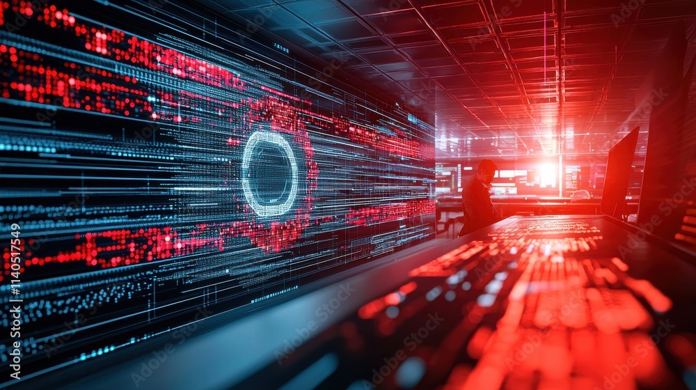 Poster futuristic data visualization in a high-tech control room featuring bright red and blue laser graphi