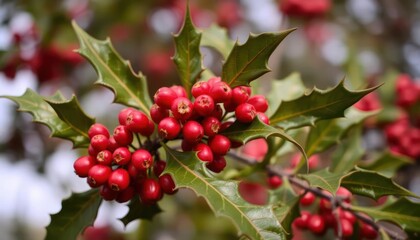 A close-up of vibrant red berries on a holly plant with sharp green leaves.