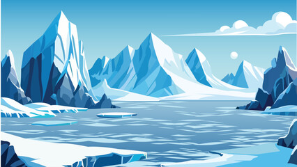 A vector-style cartoon Arctic scene featuring an iceberg, sea, hills, and snowy mountains. It could represent Greenland, the Arctic, or Antarctica, highlighting the effects of global warming.