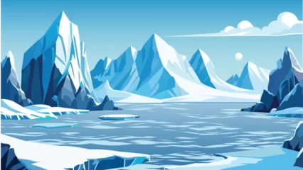Fototapete Rund A vector-style cartoon Arctic scene featuring an iceberg, sea, hills, and snowy mountains. It could represent Greenland, the Arctic, or Antarctica, highlighting the effects of global warming. © Tanjida