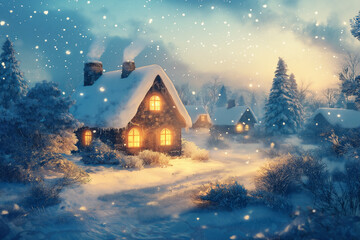 Naklejka premium Snowy countryside retreat glowing warmly through the winter evening. Generative AI