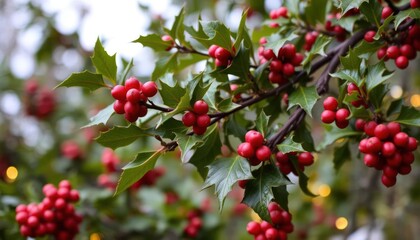 A close-up of holly branches with red berries and green leaves, evoking a festive atmosphere.