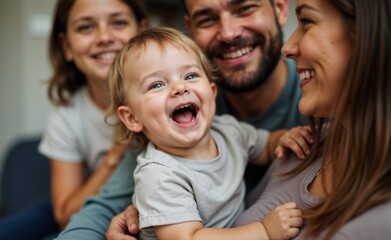 Fototapeta premium Warm family setting, toddler laughing in a parent’s lap, Children's Day, Mother's Day, happy childhood, health, family vacation, traditions, dad, mom, love, family
