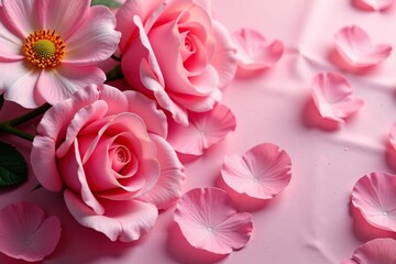 Fototapeta premium Softly glowing rose petals on a crumpled pink background, flowers, feminine, blossoms