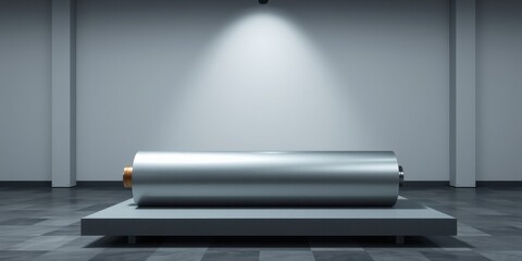 Obraz premium A metallic roll displayed on a minimalist platform under a single spotlight in a modern gallery setting