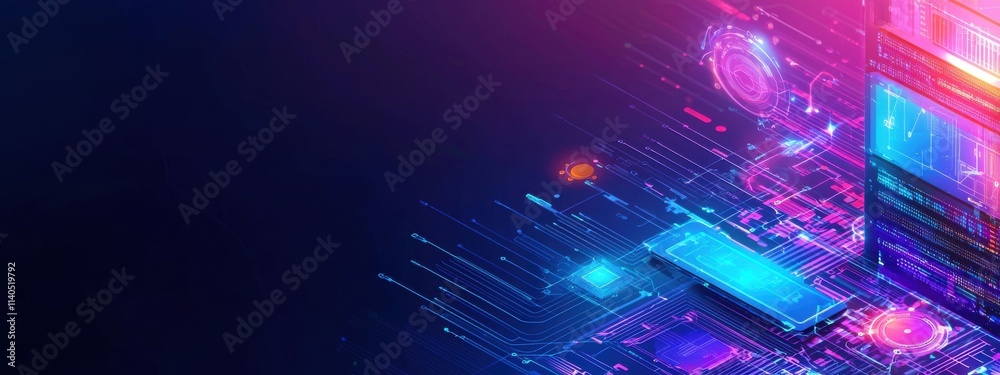 Poster futuristic technology background featuring a smartphone with colorful digital elements and glowing c