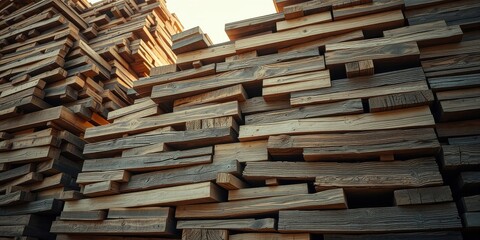A Stack of Rustic Brown Wooden Beams in Sunlight