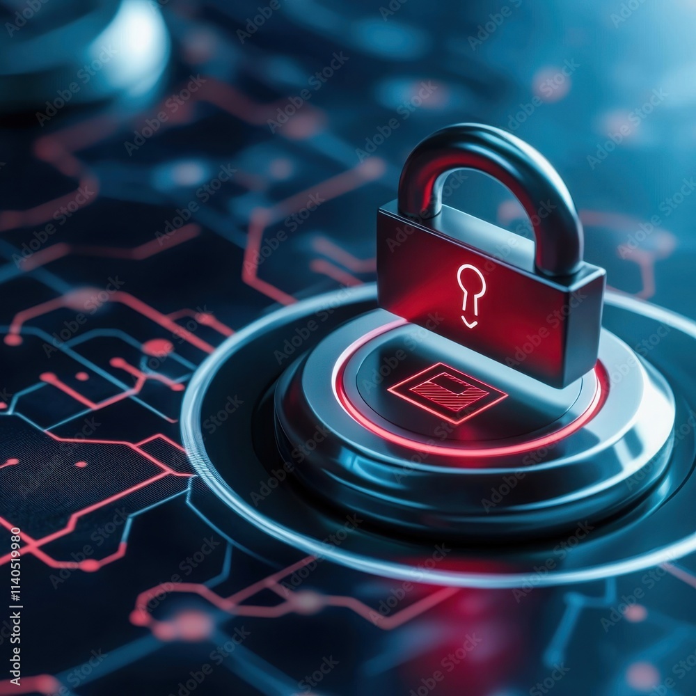 Poster modern cybersecurity concept with digital lock and circuit board background representing data protec