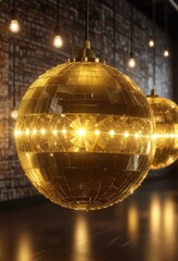 Obraz premium Glowing yellow gold disco ball with intricate light bulbs background, yellow gold, abstract art