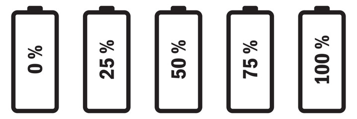 Battery icon set. Battery Full charge indicator or low charge sign. Level battery Energy powerfully full. Vector illustration of battery icon isolated on white background.