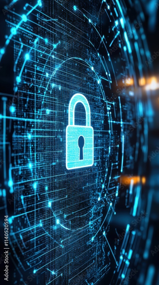 Poster a futuristic digital lock symbol on a circuit-based background representing cyber security and data 