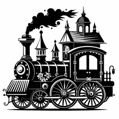 Steampunk Christmas Victorian vintage steam engine train Black silhouette