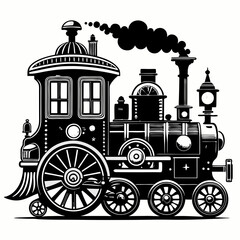 Steampunk Christmas Victorian vintage steam engine train Black silhouette