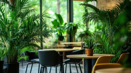 a room with tables and chairs and plants