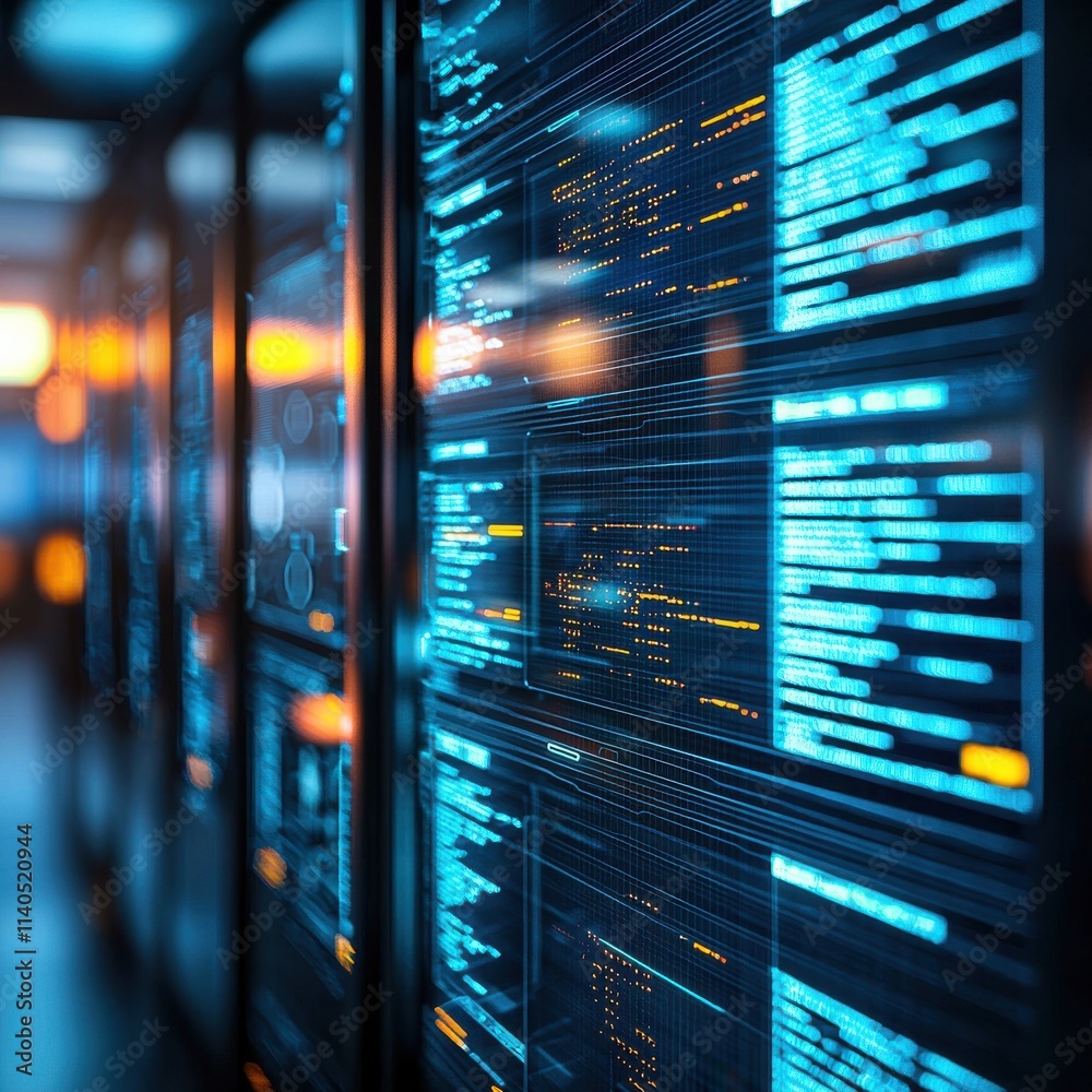 Poster futuristic data center with glowing blue screens displaying code and information for technology and 