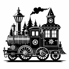 Fototapeta premium Steampunk Christmas Victorian vintage steam engine train Black silhouette
