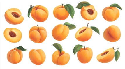 a bunch of apricots with leaves and a few slices