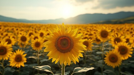 Obraz premium Sunflower field during golden hour with mountains in the background and vibrant blooms