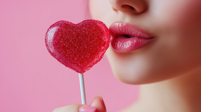 Female lips close-up with heart-shaped lollipop on pink background with copy space on the left