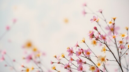Fototapeta premium Delicate Pink and Yellow Blossoms on Slender Branches Against a Soft, Light Background