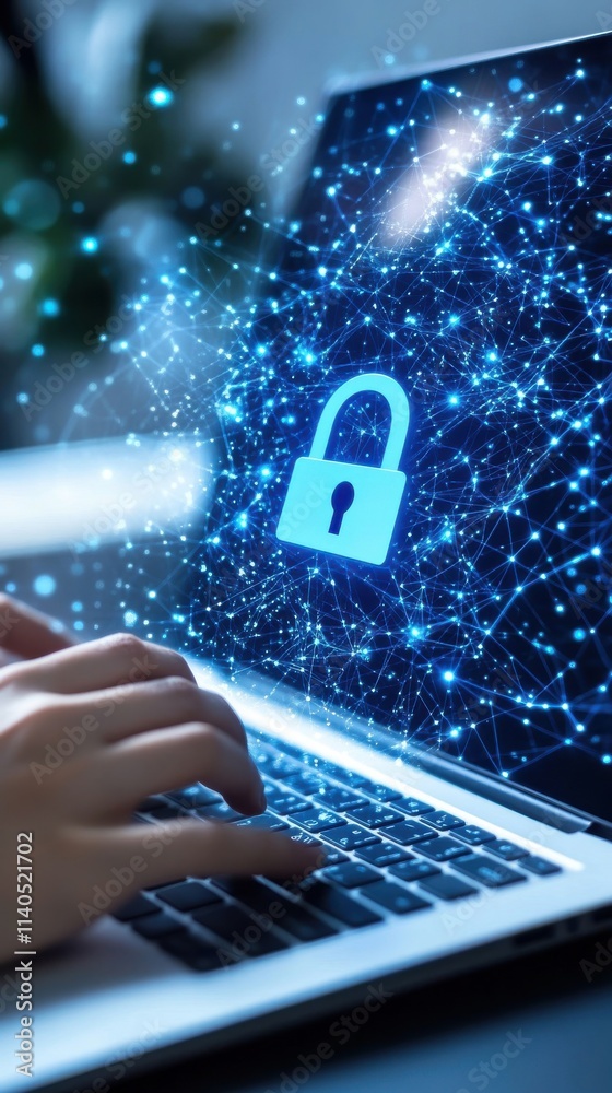 Poster secure computing concept: a close-up of a laptop with a digital lock icon symbolizing data protectio