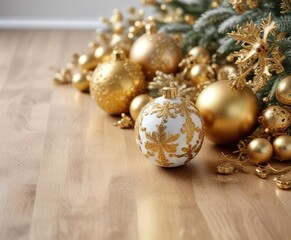 Frosty white background with elegant gold Christmas decorations on a wooden floor, ornaments, Christmas