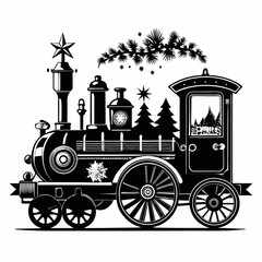 Fototapeta premium Steampunk Christmas Victorian vintage steam engine train Black silhouette