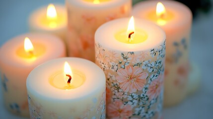 Lit floral candles creating cozy atmosphere