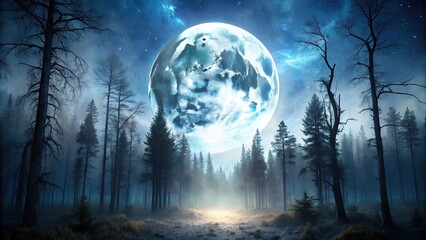 Spooky forest under full moon on Halloween night, Extreme Close-Up