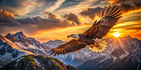 Obraz premium Majestic Eagle Soaring Above Mountain Peaks: Breathtaking Candid Wildlife Photography
