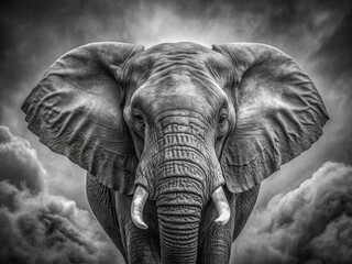 Naklejka premium Majestic Elephant in Black and White Photography, Rule of Thirds Composition, Wildlife, African Elephant, Nature