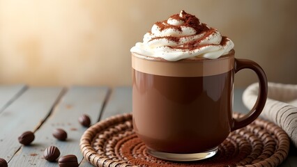 A steaming mug of hot chocolate topped with whipped cream and cocoa powder