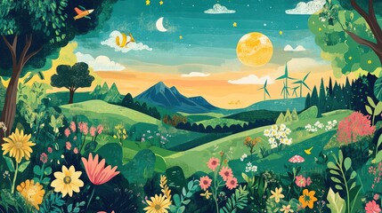 Illustration of Earth Day with Nature, Renewable Energy Icons, and Environmental Conservation
