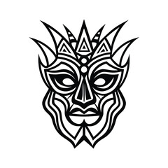 Tribal Mask Illustration - Black and White Intricate Line Art with Geometric Patterns and Bold Design
