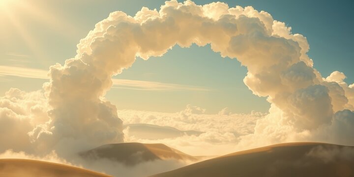 Serene landscape of rolling hills shrouded in mist, beneath an ethereal arch of fluffy clouds illuminated by a warm sunset