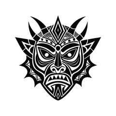 Tribal Mask Illustration - Black and White Intricate Line Art with Geometric Patterns and Bold Design