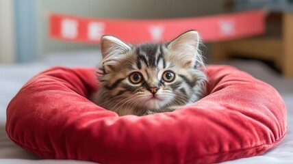 A Scottish Fold kitten with folded ears, nestled in a plush red pillow with a banner in the background