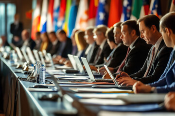 Trade negotiation table with international representatives focused on agreements. Generative AI